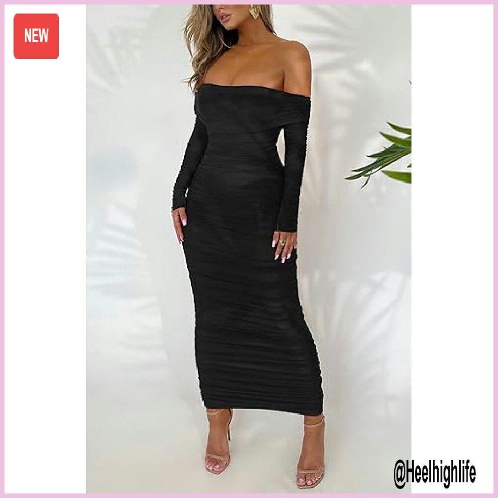 Long Sleeve Off Shoulder Maxi Dress Bodycon Ruched Slit Formal Club - Picture 4 of 8